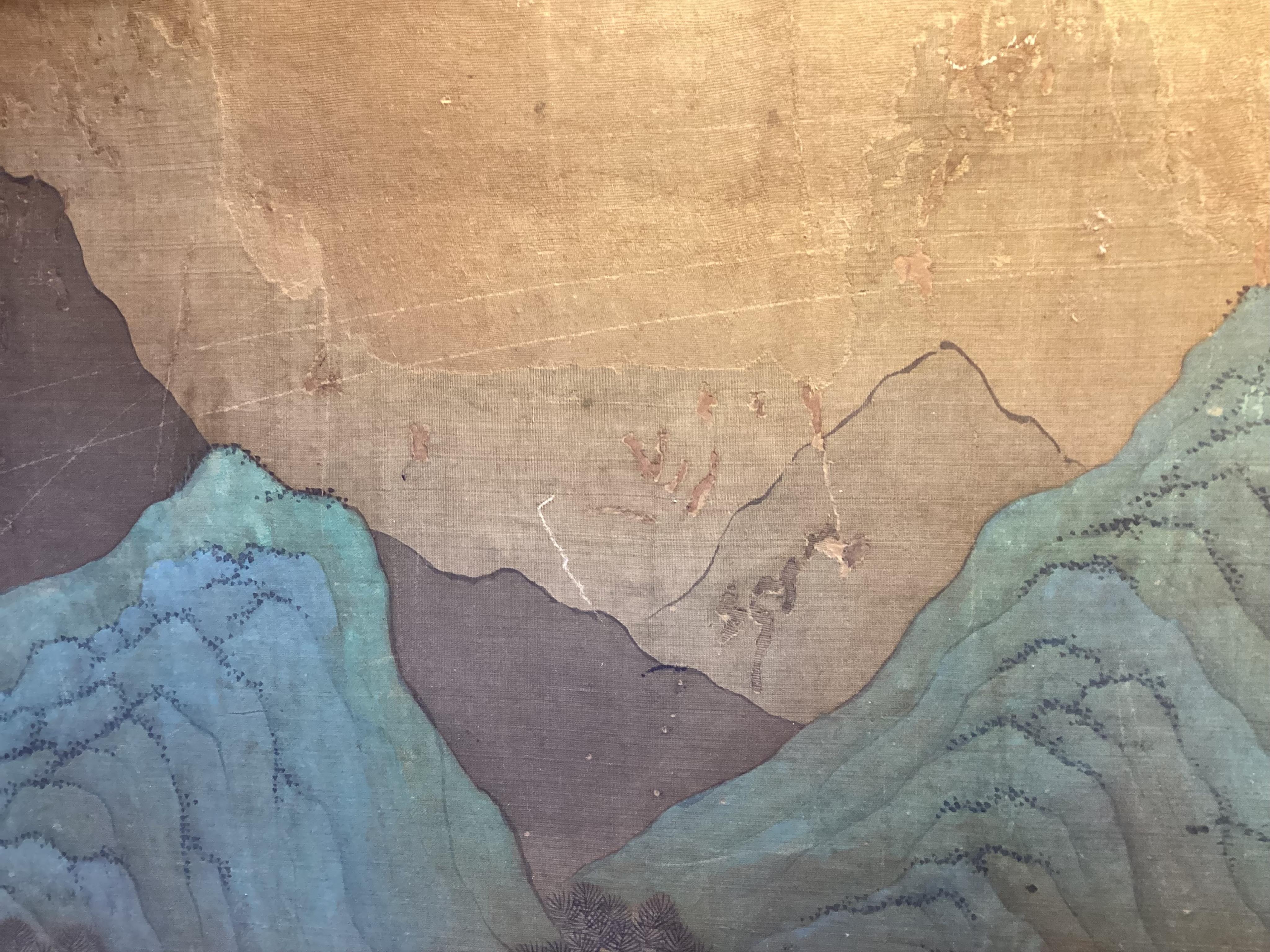 Chinese School , 17th century or earlier, Scholars in a mountainous river landscape scene with pavilions, Ink and colour on silk, incomplete clerical script signature, 54cm x 290cm